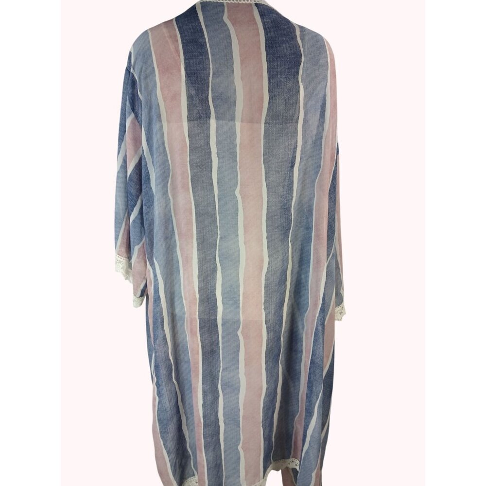 LuLaRoe Chloe Striped Lace Trim Open Kimono Womens Size XL Boho Pink Blue Cover - Picture 8 of 12